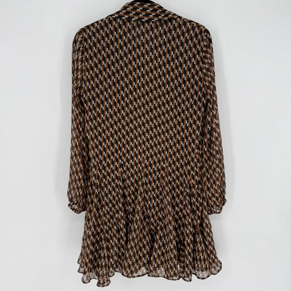 ZARA BROWN GEO PRINT GOLD LUREX MINI SHIRT DRESS RETRO‎ SMALL -- FLAWED